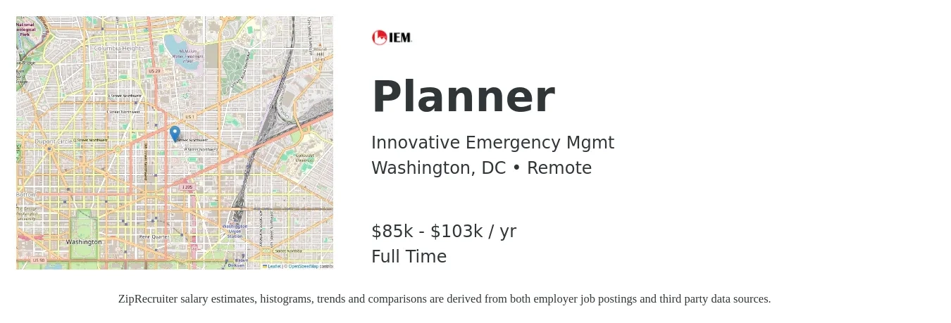 Innovative Emergency Mgmt job posting for a Planner in Washington, DC with a salary of $85,000 to $103,000 Yearly with a map of Washington location.