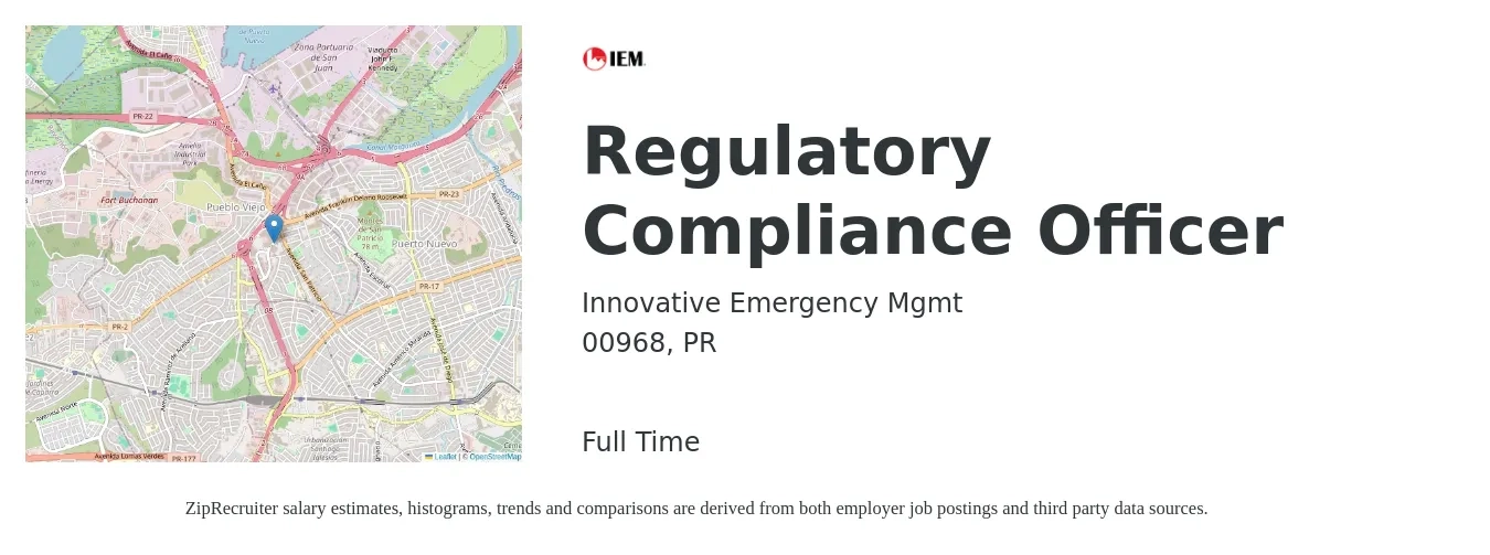 Innovative Emergency Mgmt job posting for a Regulatory Compliance Officer in 00968, PR with a salary of $48,800 to $74,600 Yearly with a map of 00968 location.