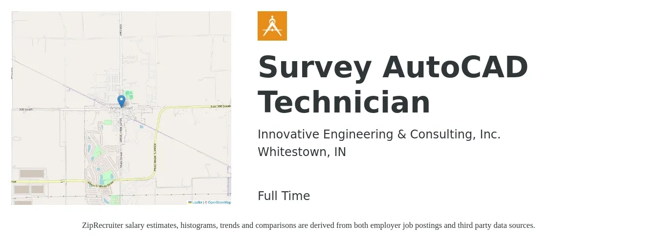 Innovative Engineering & Consulting, Inc. job posting for a Survey AutoCAD Technician in Whitestown, IN with a salary of $39,900 to $59,900 Yearly with a map of Whitestown location.