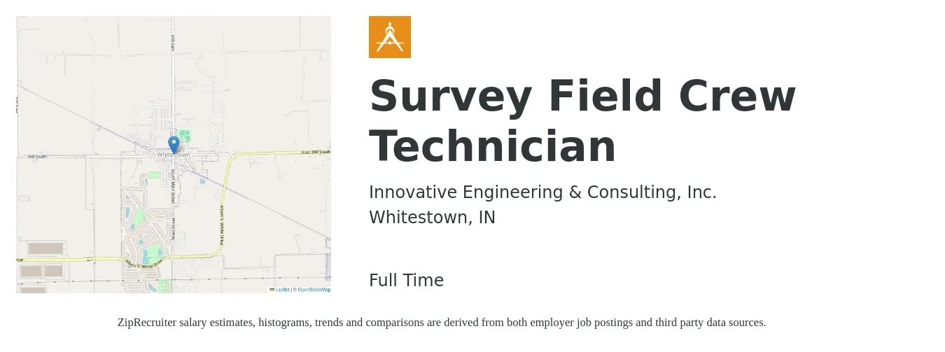 Innovative Engineering & Consulting, Inc. job posting for a Survey Field Crew Technician in Whitestown, IN with a salary of $20 to $28 Hourly with a map of Whitestown location.