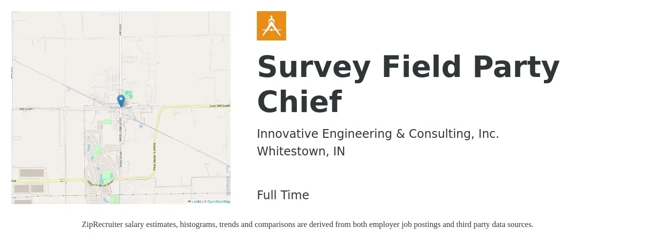 Innovative Engineering & Consulting, Inc. job posting for a Survey Field Party Chief in Whitestown, IN with a salary of $26 to $38 Hourly with a map of Whitestown location.