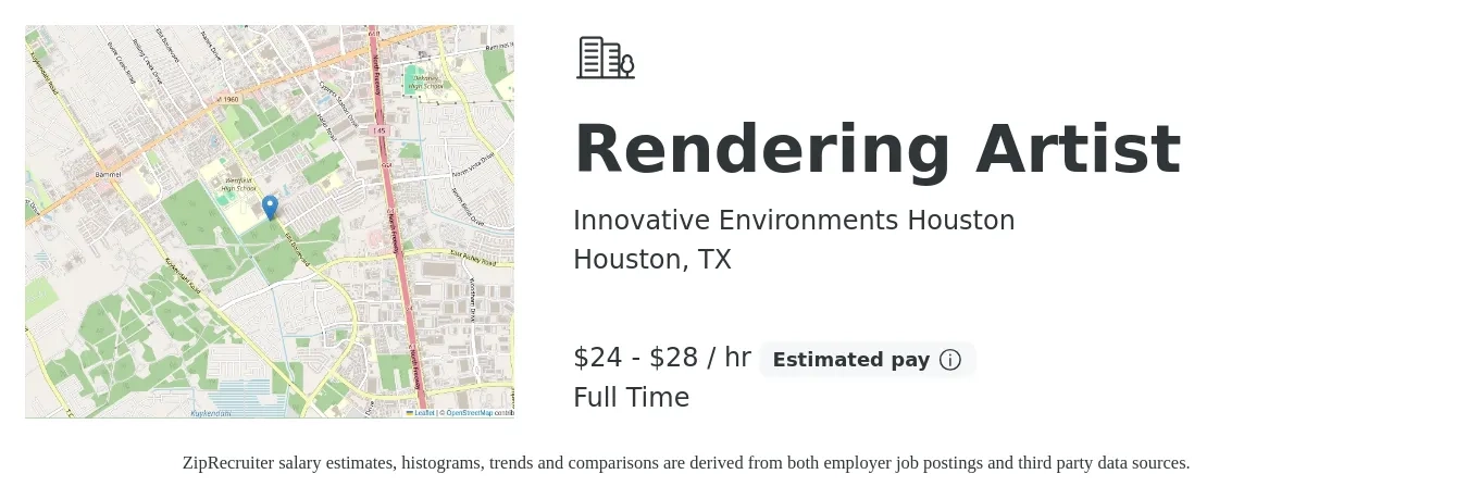 Innovative Environments Houston job posting for a Rendering Artist in Houston, TX with a salary of $25 to $30 Hourly with a map of Houston location.