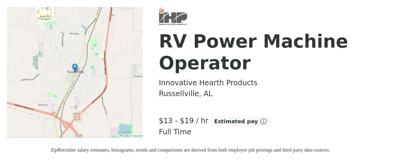 Innovative Hearth Products job posting for a RV Power Machine Operator in Russellville, AL with a salary of $14 to $20 Hourly with a map of Russellville location.