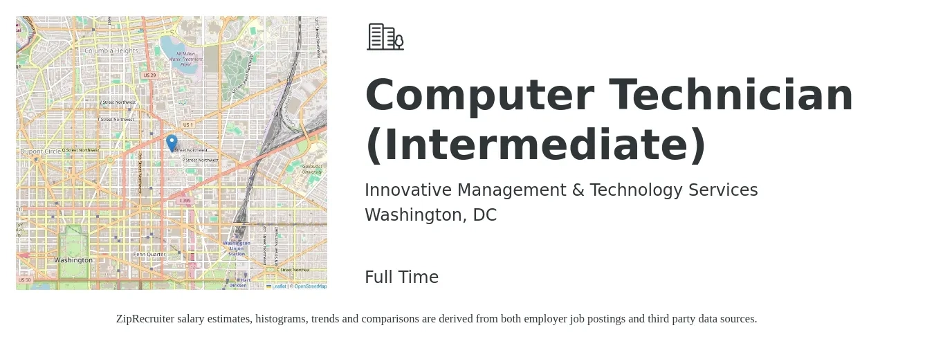 Innovative Management & Technology Services job posting for a Computer Technician (Intermediate) in Washington, DC with a salary of $21 to $28 Hourly with a map of Washington location.