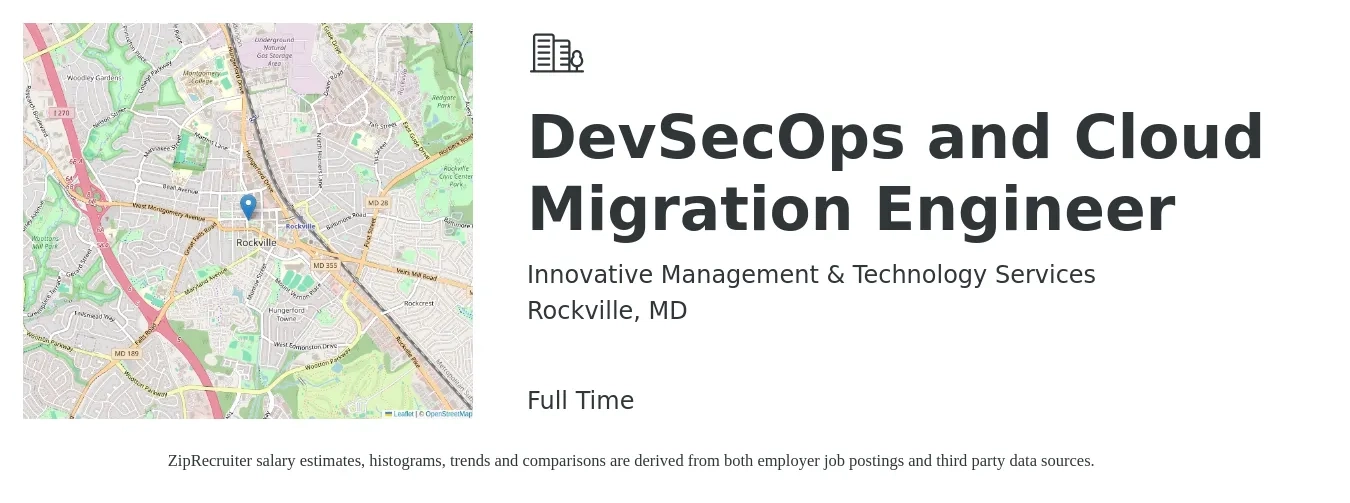 Innovative Management & Technology Services job posting for a DevSecOps and Cloud Migration Engineer in Rockville, MD with a salary of $57 to $76 Hourly with a map of Rockville location.