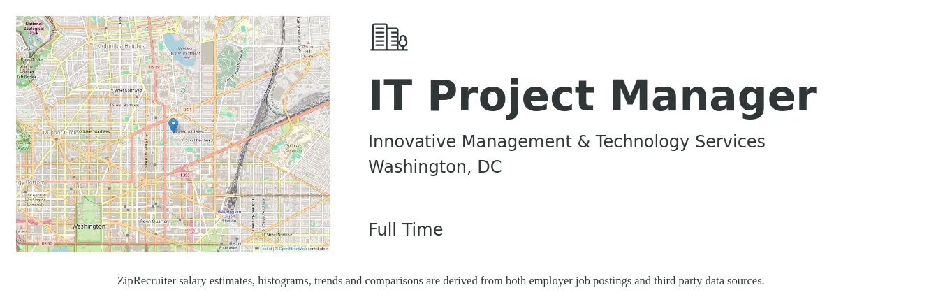 Innovative Management & Technology Services job posting for a IT Project Manager in Washington, DC with a salary of $150,000 to $175,000 Yearly with a map of Washington location.