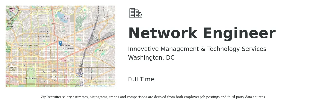 Innovative Management & Technology Services job posting for a Network Engineer in Washington, DC with a salary of $100,800 to $151,200 Yearly with a map of Washington location.