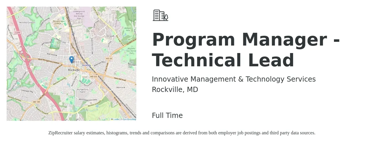 Innovative Management & Technology Services job posting for a Program Manager - Technical Lead in Rockville, MD with a salary of $131,500 to $170,200 Yearly with a map of Rockville location.