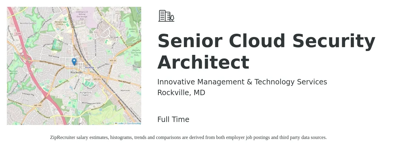 Innovative Management & Technology Services job posting for a Senior Cloud Security Architect in Rockville, MD with a salary of $67 to $89 Hourly with a map of Rockville location.