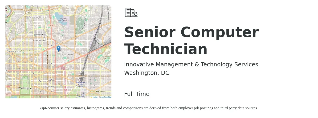 Innovative Management & Technology Services job posting for a Senior Computer Technician in Washington, DC with a salary of $25 to $39 Hourly with a map of Washington location.
