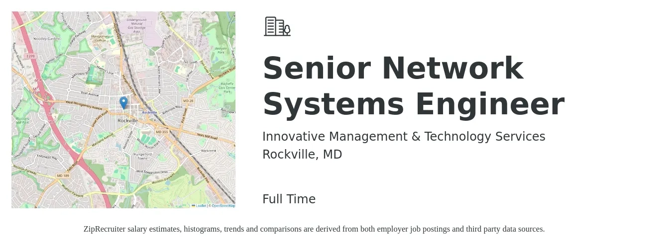 Innovative Management & Technology Services job posting for a Senior Network Systems Engineer in Rockville, MD with a salary of $97,400 to $133,500 Yearly with a map of Rockville location.