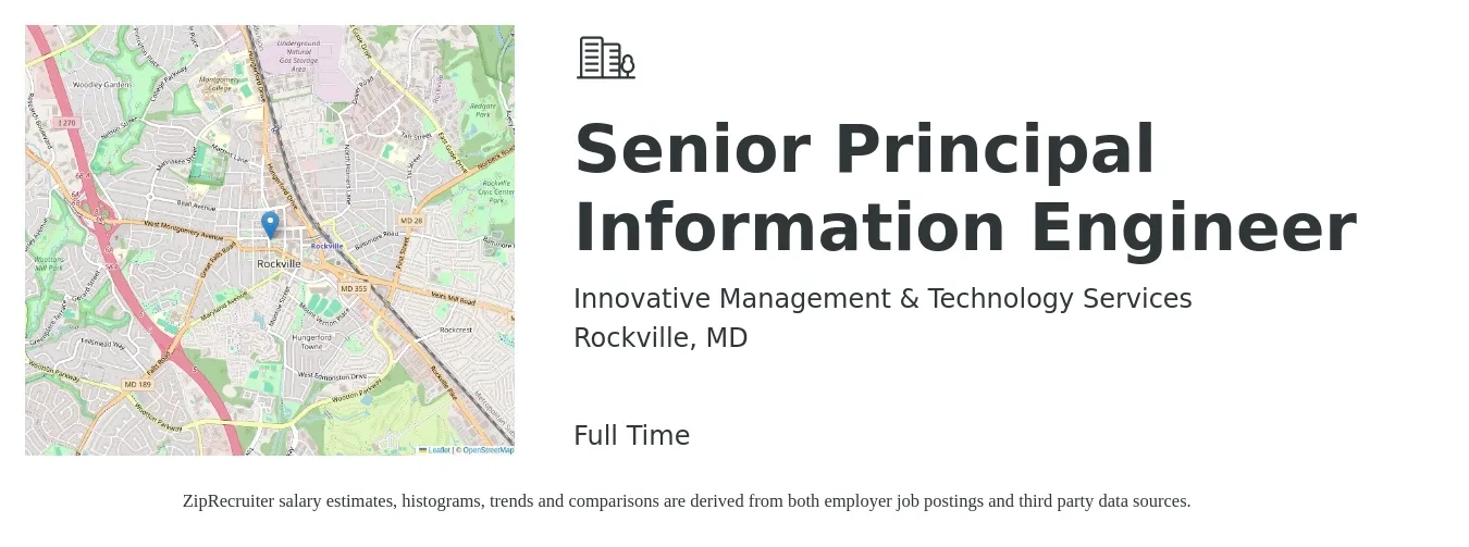 Innovative Management & Technology Services job posting for a Senior Principal Information Engineer in Rockville, MD with a salary of $127,900 to $176,400 Yearly with a map of Rockville location.