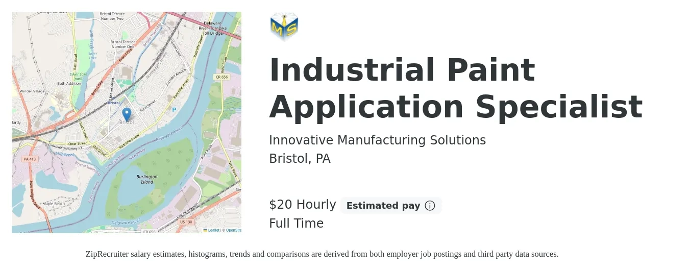 Innovative Manufacturing Solutions job posting for a Industrial Paint Application Specialist in Bristol, PA with a salary of $21 Hourly with a map of Bristol location.