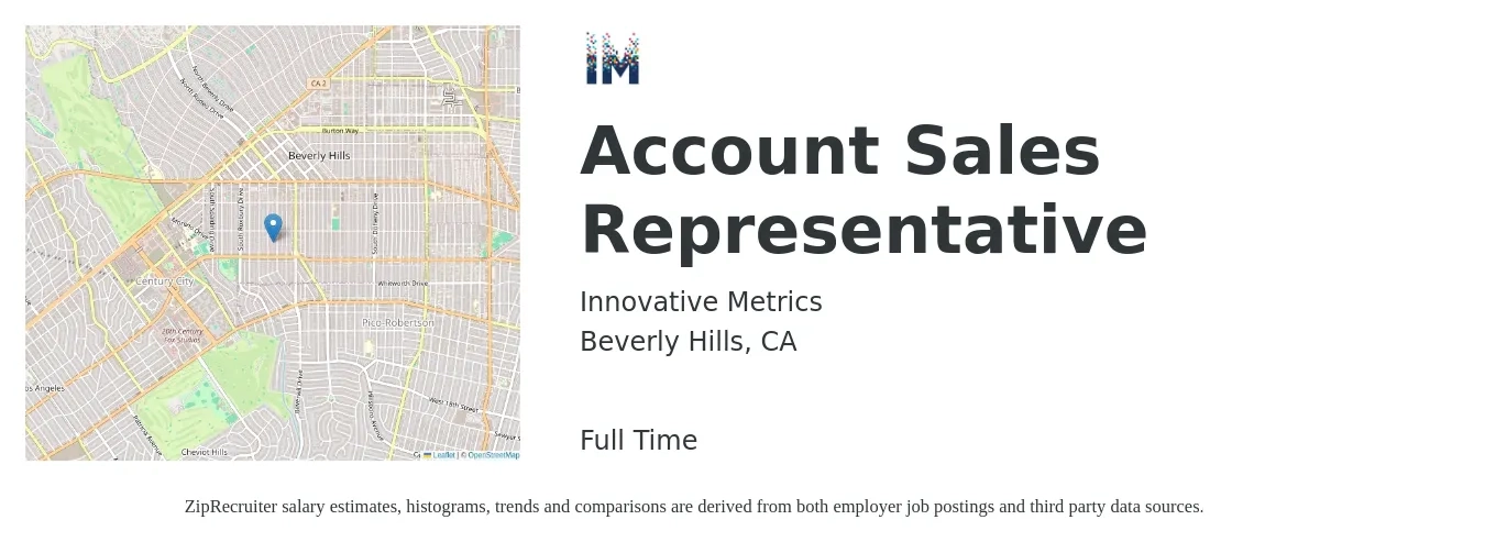 Innovative Metrics job posting for a Account Sales Representative in Beverly Hills, CA with a salary of $48,200 to $75,700 Yearly with a map of Beverly Hills location.