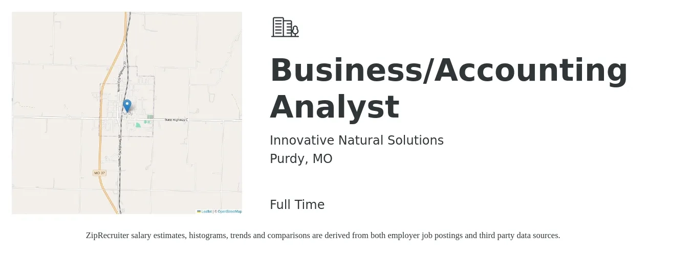 Innovative Natural Solutions job posting for a Business/Accounting Analyst in Purdy, MO with a salary of $23 to $42 Hourly with a map of Purdy location.