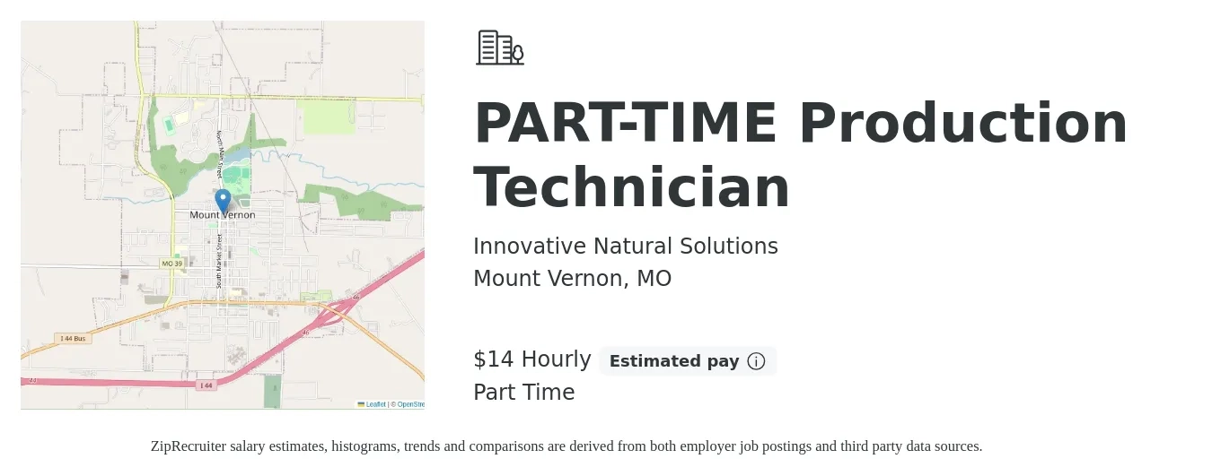 Innovative Natural Solutions job posting for a PART-TIME Production Technician in Mount Vernon, MO with a salary of $15 Hourly with a map of Mount Vernon location.