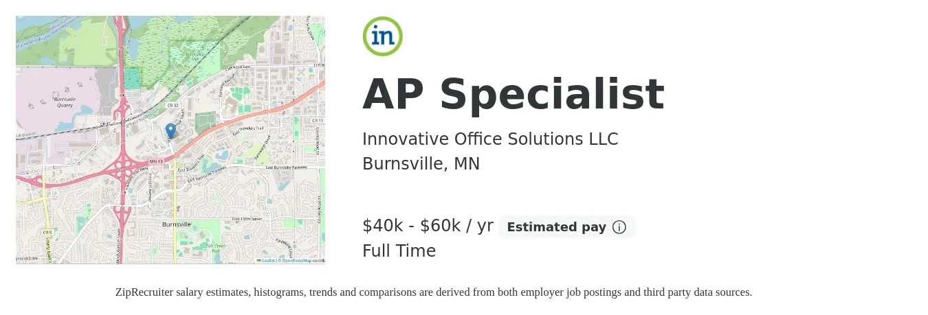 Innovative Office Solutions LLC job posting for a AP Specialist in Burnsville, MN with a salary of $40,000 to $60,000 Yearly with a map of Burnsville location.
