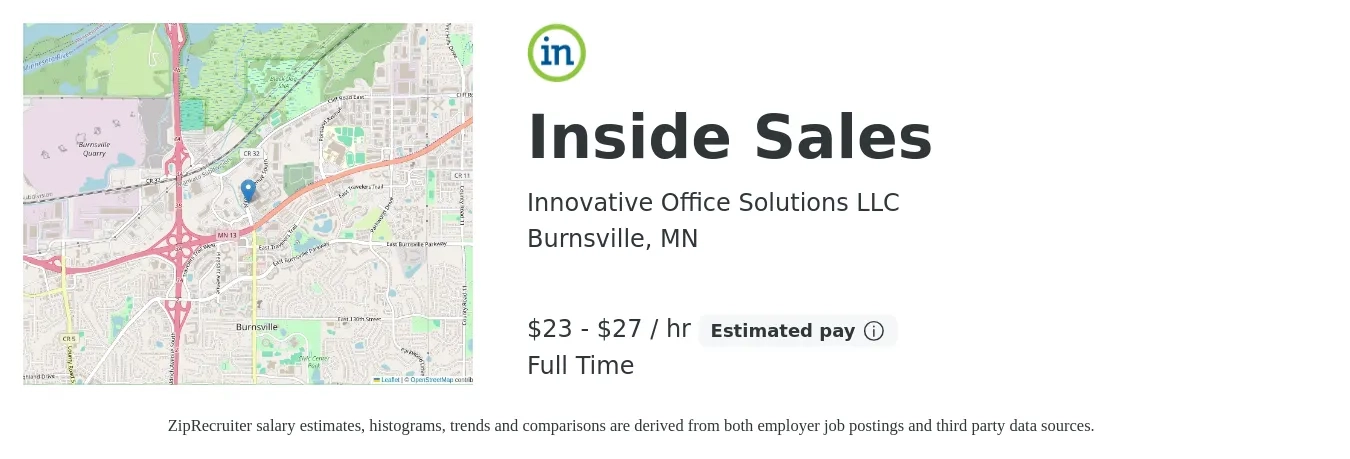 Innovative Office Solutions LLC job posting for a Inside Sales in Burnsville, MN with a salary of $24 to $29 Hourly with a map of Burnsville location.