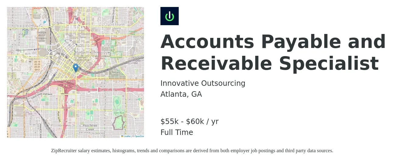 Innovative Outsourcing job posting for a Accounts Payable and Receivable Specialist in Atlanta, GA with a salary of $55,000 to $60,000 Yearly with a map of Atlanta location.