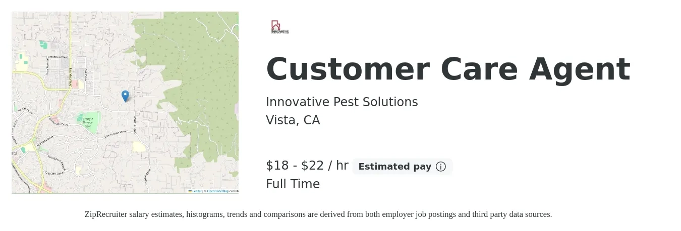Innovative Pest Solutions job posting for a Customer Care Agent in Vista, CA with a salary of $19 to $23 Hourly with a map of Vista location.
