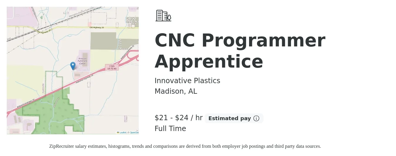 Innovative Plastics job posting for a CNC Programmer Apprentice in Madison, AL with a salary of $22 to $25 Hourly with a map of Madison location.
