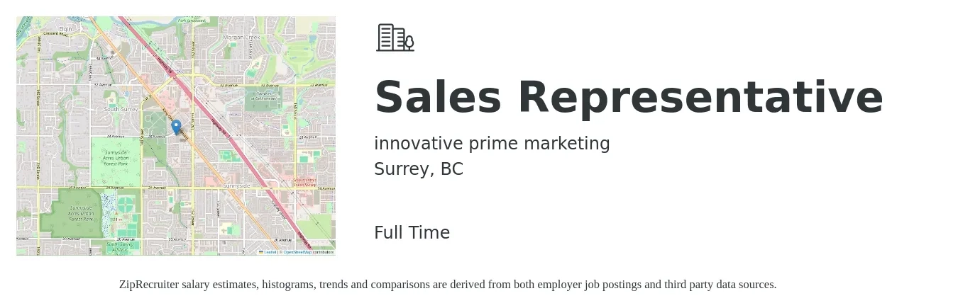 innovative prime marketing job posting for a Sales Representative in Surrey, BC with a salary of $3,000 to $7,000 Monthly with a map of Surrey location.