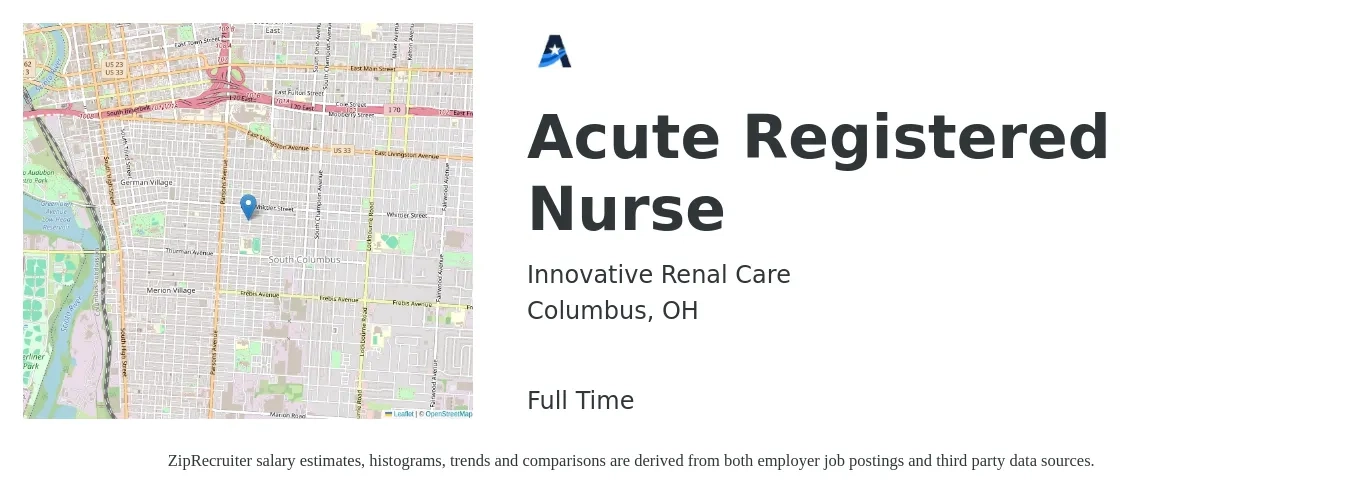 Innovative Renal Care job posting for a Acute Registered Nurse in Columbus, OH with a salary of $34 to $52 Hourly with a map of Columbus location.