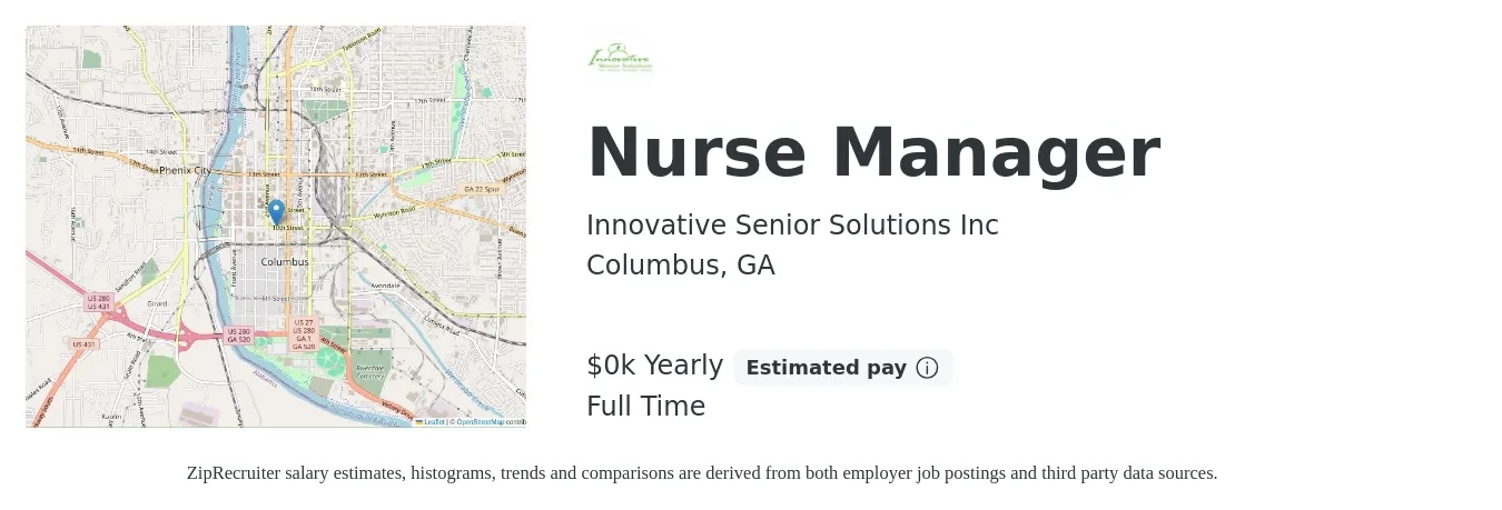 Innovative Senior Solutions Inc job posting for a Nurse Manager in Columbus, GA with a salary of $20 to $25 Yearly with a map of Columbus location.