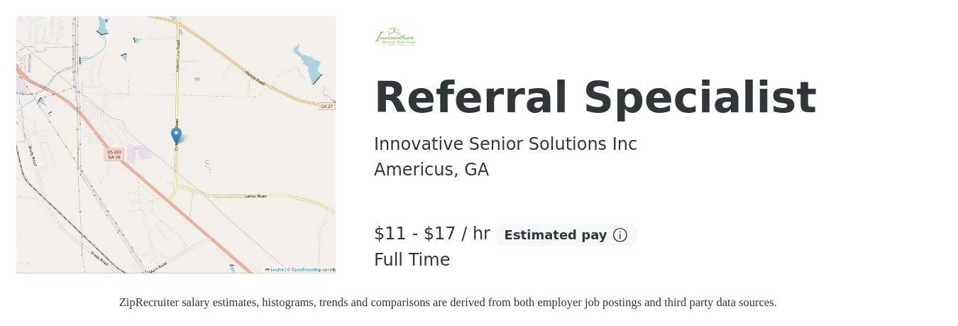 Innovative Senior Solutions Inc job posting for a Referral Specialist in Americus, GA with a salary of $12 to $18 Hourly with a map of Americus location.