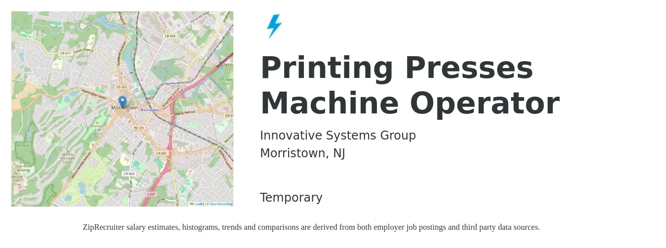 Innovative Systems Group job posting for a Printing Presses Machine Operator in Morristown, NJ with a salary of $17 to $22 Hourly with a map of Morristown location.