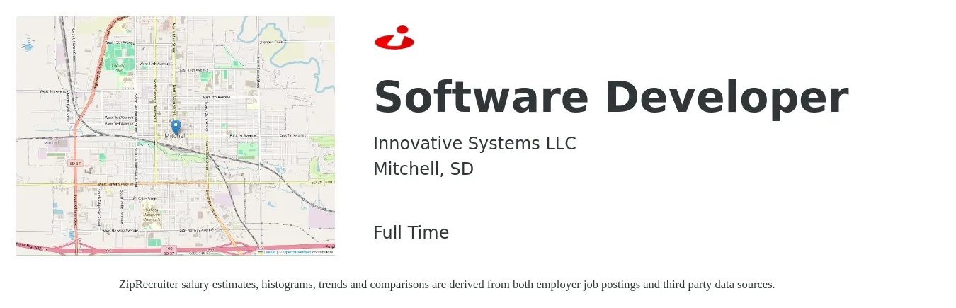 Innovative Systems LLC job posting for a Software Developer in Mitchell, SD with a salary of $90,900 to $131,300 Yearly with a map of Mitchell location.