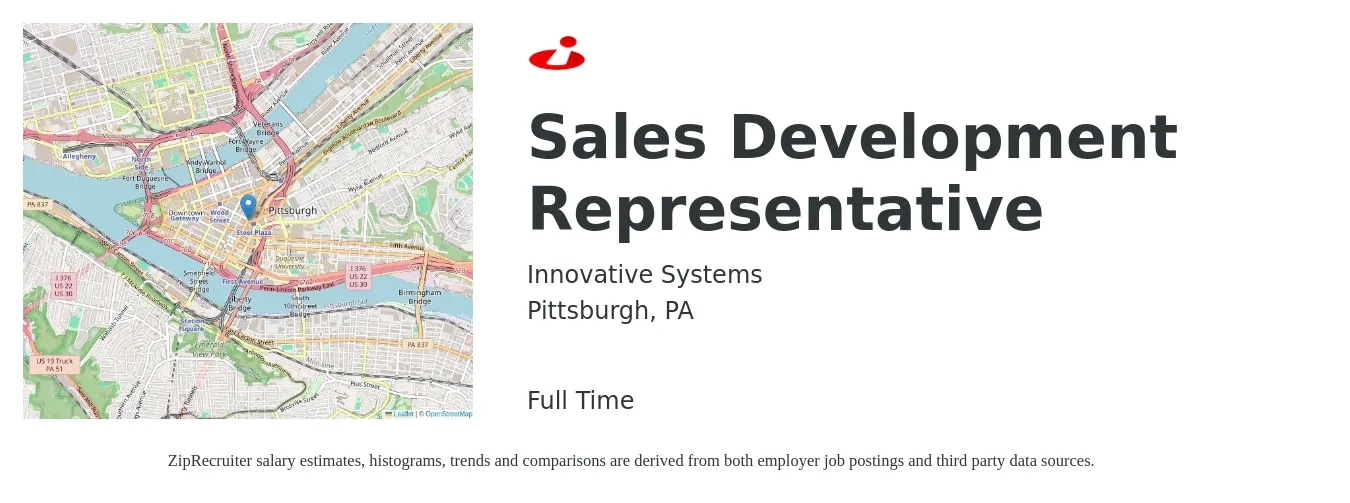 Innovative Systems job posting for a Sales Development Representative in Pittsburgh, PA with a salary of $40,800 to $59,200 Yearly with a map of Pittsburgh location.