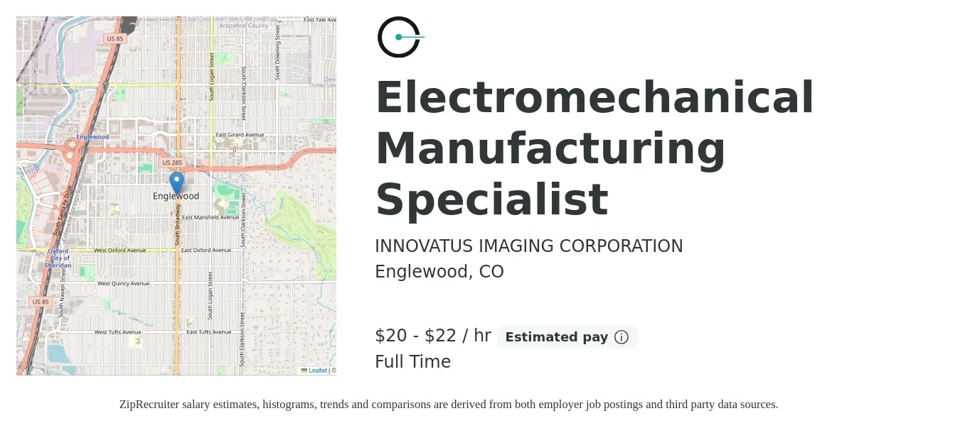 INNOVATUS IMAGING CORPORATION job posting for a Electromechanical Manufacturing Specialist in Englewood, CO with a salary of $21 to $23 Hourly with a map of Englewood location.