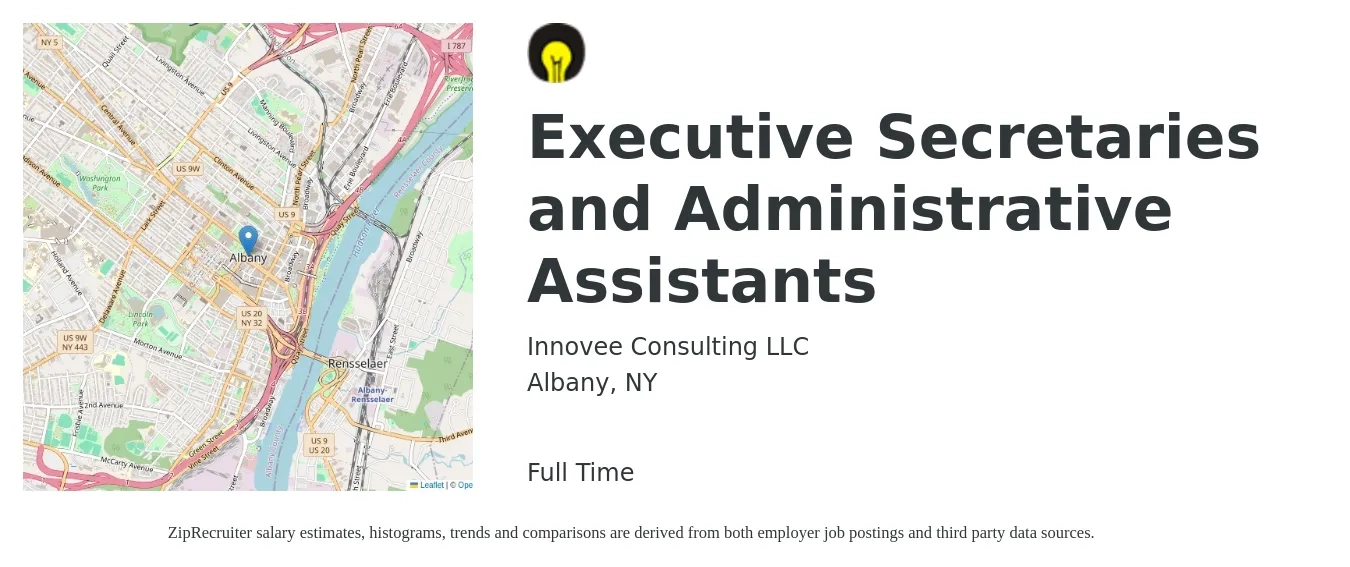 Innovee Consulting LLC job posting for a Executive Secretaries and Administrative Assistants in Albany, NY with a salary of $23 to $36 Hourly with a map of Albany location.