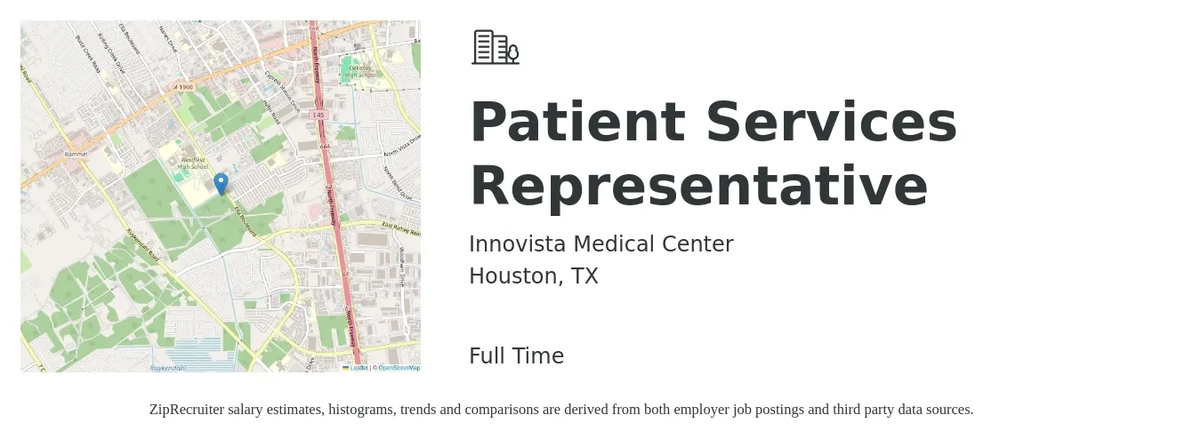 Innovista Medical Center job posting for a Patient Services Representative in Houston, TX with a salary of $16 to $20 Hourly with a map of Houston location.