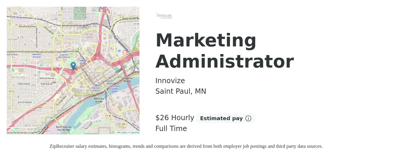 Innovize job posting for a Marketing Administrator in Saint Paul, MN with a salary of $27 Hourly with a map of Saint Paul location.