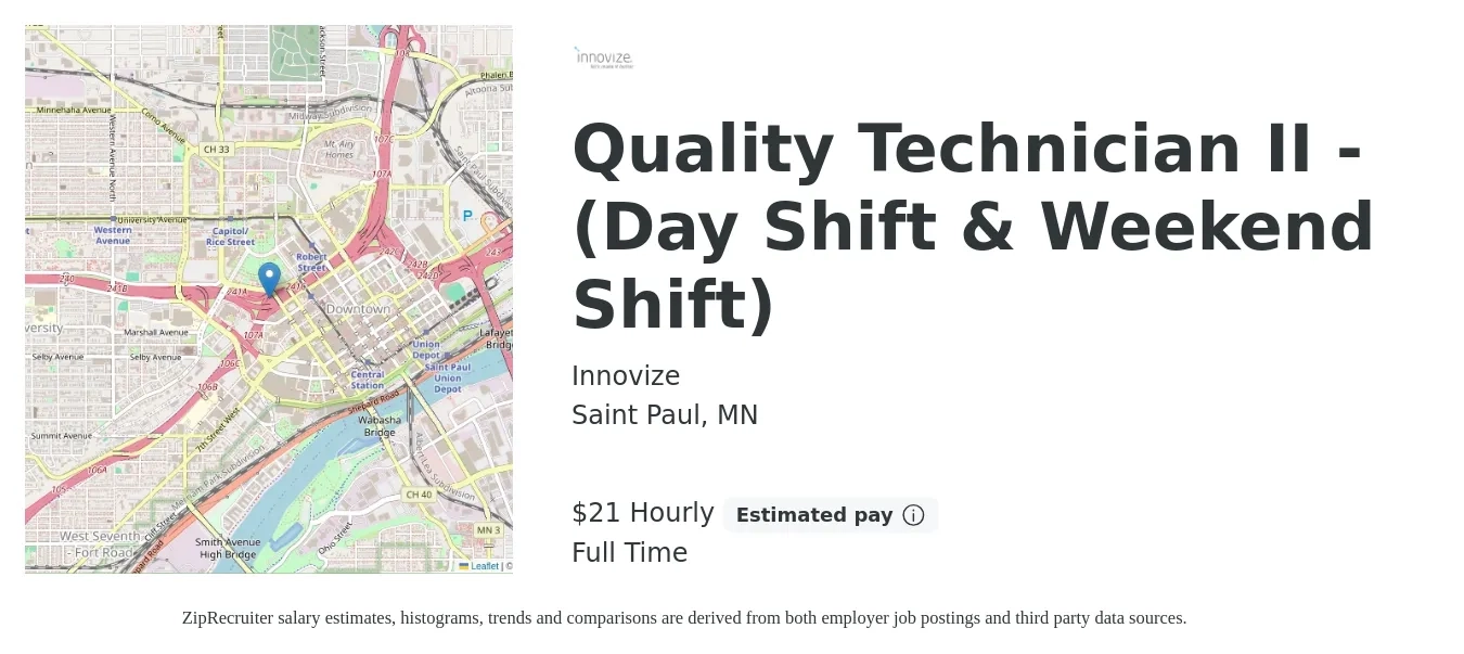 Innovize job posting for a Quality Technician II - (Day Shift & Weekend Shift) in Saint Paul, MN with a salary of $22 Hourly with a map of Saint Paul location.
