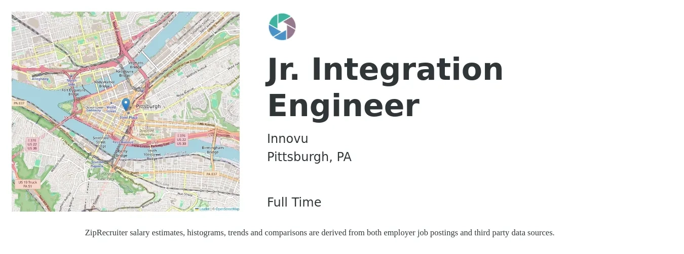 Innovu, LLC job posting for a Jr. Integration Engineer in Pittsburgh, PA with a salary of $50,000 to $55,000 Yearly with a map of Pittsburgh location.