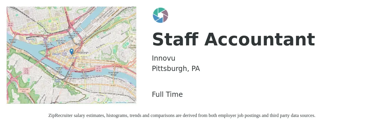 Innovu job posting for a Staff Accountant in Pittsburgh, PA with a salary of $50,000 to $55,000 Yearly and benefits including vision, dental, life_insurance, medical, pto, and retirement with a map of Pittsburgh location.