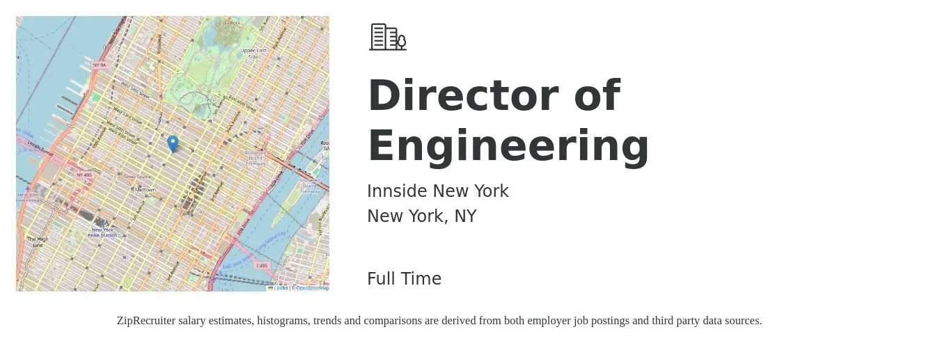 Innside New York job posting for a Director of Engineering in New York, NY with a salary of $154,800 to $276,800 Yearly with a map of New York location.