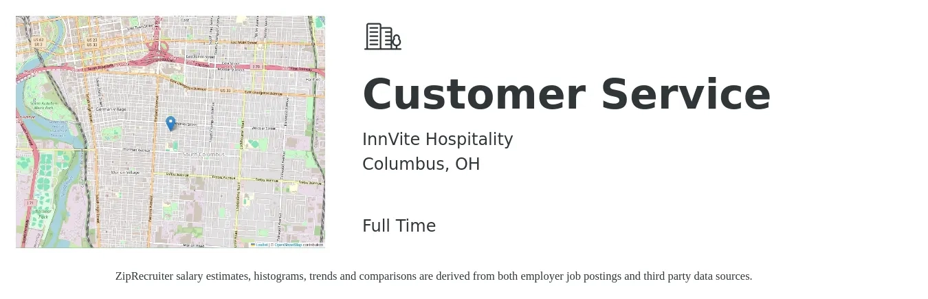 InnVite Hospitality job posting for a Customer Service in Columbus, OH with a salary of $100 Hourly with a map of Columbus location.