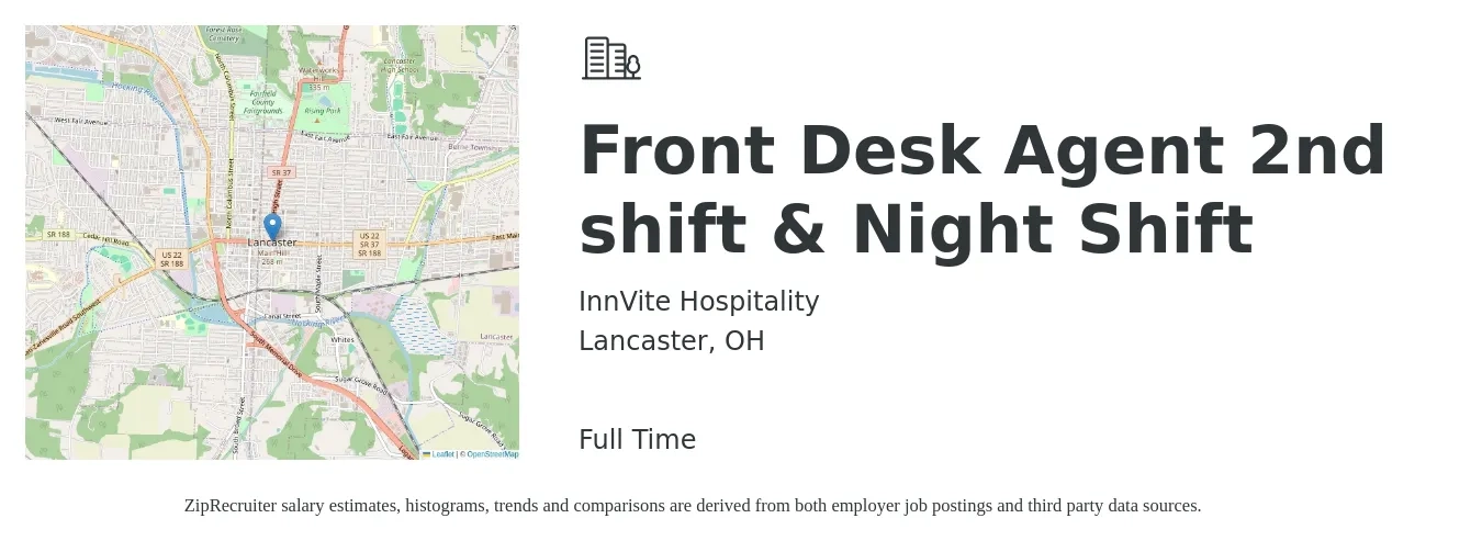 InnVite Hospitality job posting for a Front Desk Agent 2nd shift & Night Shift in Lancaster, OH with a salary of $12 Hourly with a map of Lancaster location.