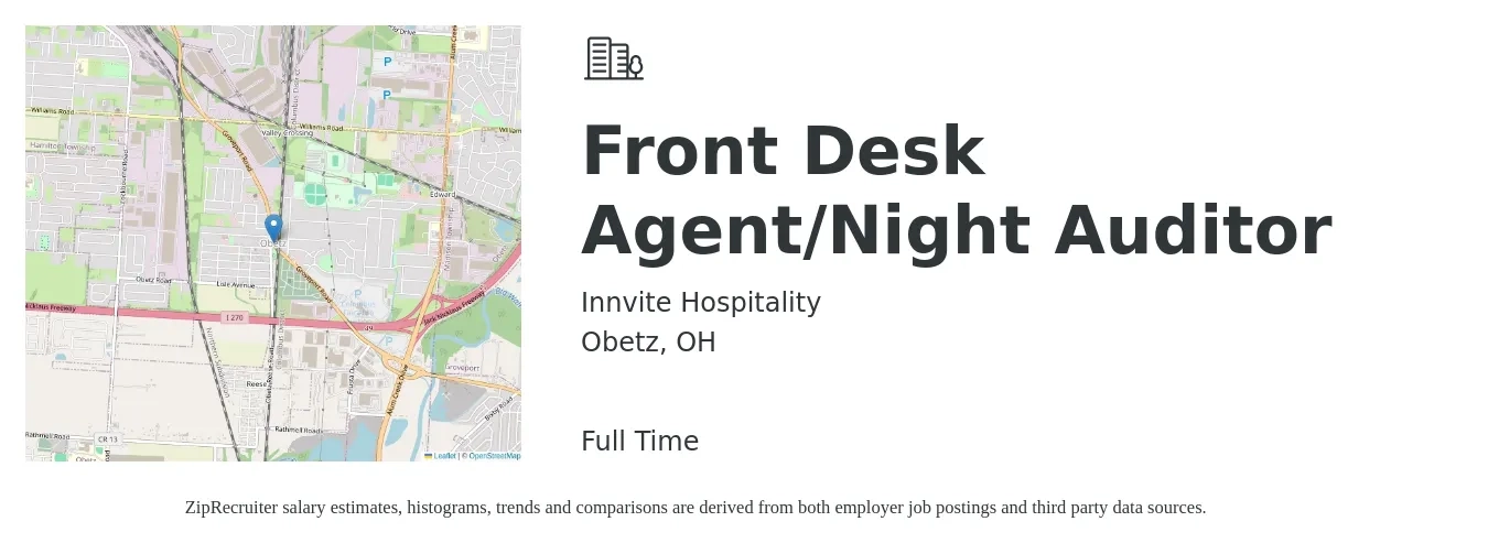 Innvite Hospitality job posting for a Front Desk Agent/Night Auditor in Obetz, OH with a salary of $14 to $17 Hourly with a map of Obetz location.