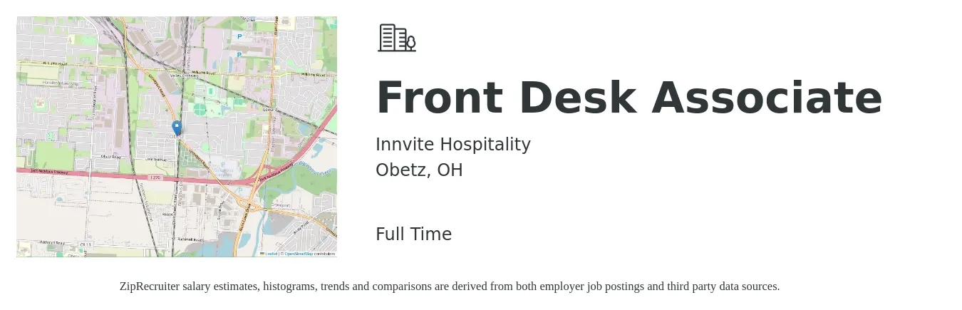 Innvite Hospitality job posting for a Front Desk Associate in Obetz, OH with a salary of $13 to $17 Hourly with a map of Obetz location.