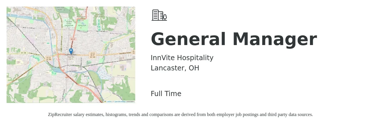 InnVite Hospitality job posting for a General Manager in Lancaster, OH with a salary of $45,200 to $67,600 Yearly with a map of Lancaster location.