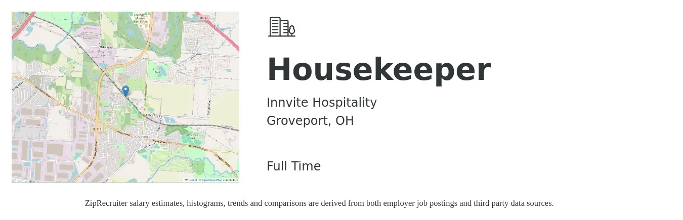 Innvite Hospitality job posting for a Housekeeper in Groveport, OH with a salary of $14 to $18 Hourly with a map of Groveport location.