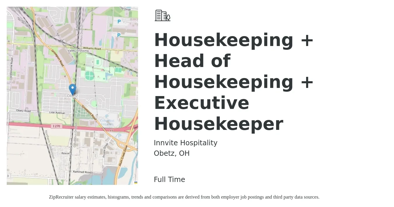 Innvite Hospitality job posting for a Housekeeping + Head of Housekeeping + Executive Housekeeper in Obetz, OH with a salary of $16 to $26 Hourly with a map of Obetz location.