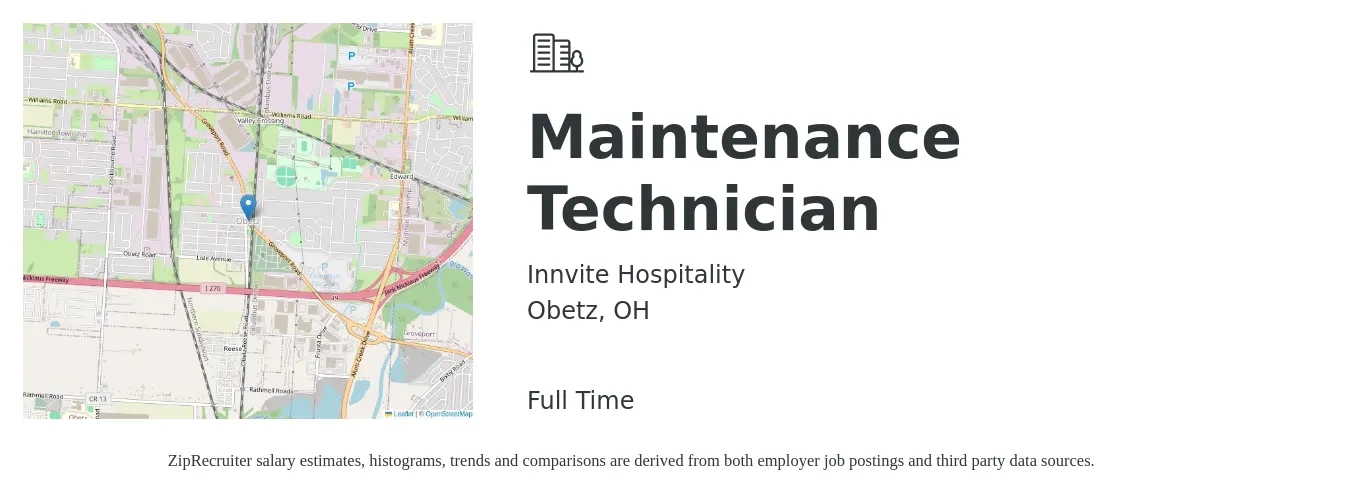 Innvite Hospitality job posting for a Maintenance Technician in Obetz, OH with a salary of $18 to $25 Hourly with a map of Obetz location.