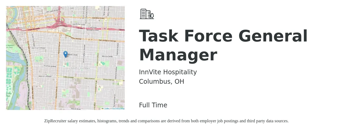 InnVite Hospitality job posting for a Task Force General Manager in Columbus, OH with a salary of $47,800 to $71,500 Yearly with a map of Columbus location.