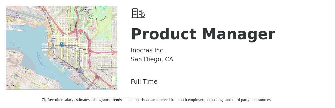 Inocras Inc job posting for a Product Manager in San Diego, CA with a salary of $130,000 to $190,000 Yearly with a map of San Diego location.